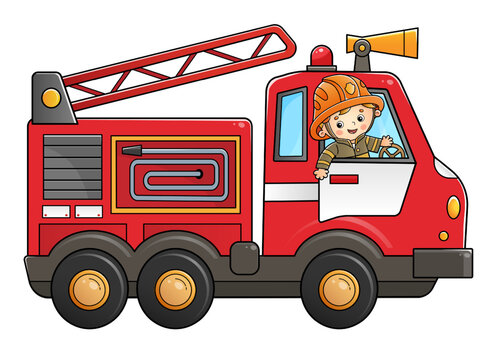 Cartoon fire truck with fireman or firefighter. Professional transport. Profession. Colorful vector illustration for kids.