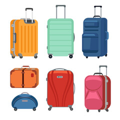 Different kinds of suitcases vector illustrations set. Collection of travel bags with wheels for luggage or baggage, briefcase isolated on white background. Traveling, tourism, vacation concept