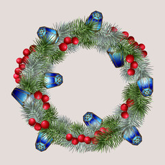 Fototapeta na wymiar Festive Christmas wreath decorative ornament made of spruce, pine, spruce branches and with red bright holi berries and a garland of blue lanterns