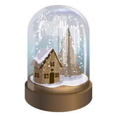 festive Christmas gift with snow globe with falling snow, wooden house and christmas tree