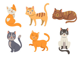 Cute cat cartoon characters vector illustrations set. Cats with heart shaped noses, happy fluffy kittens smiling, orange and grey kitties sitting on white background. Pets, domestic animals concept