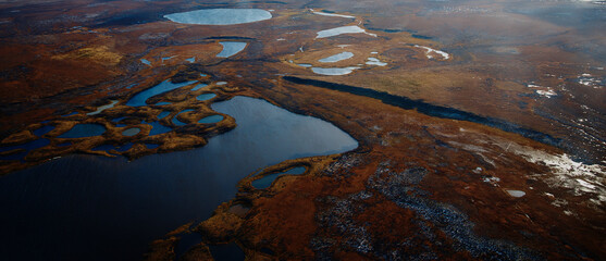 Landscape riverbed and land relief. View from above. Aerial photography. Putorano Plateau. Peninsula Taimyr