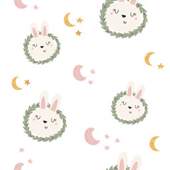 Fototapeta premium Seamless pattern with cute rabbits and Christmas wreaths