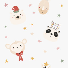 Seamless pattern with cute animals polar bear, monkey, rhino and panda