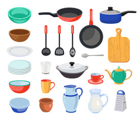 Kitchenware and dishes vector illustrations set. Collection of cookware, different tools and instruments, cup, bowl, plates, spoon, pans isolated on white background. Kitchen utensils, cooking concept