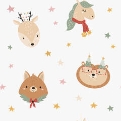 Seamless pattern with cute animals deer, unicorn, hedgehog and fox
