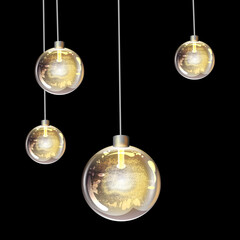 Festive beautiful decorative luminous garland in the form of round glass lamps for merry days of Christmas and New Year on a dark background