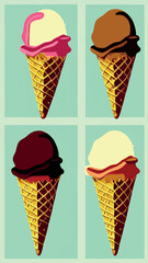 A set of delicious ice cream. Sweet summer treat sundaes, prefabricated insulated ice cream cones and popsicles with different fillings. Vector illustration for web, design, printing.