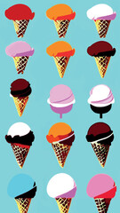 A set of delicious ice cream. Sweet summer treat sundaes, prefabricated insulated ice cream cones and popsicles with different fillings. Vector illustration for web, design, printing.
