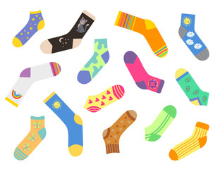 Different cute socks flat vector illustrations set. Collection of stylish trendy cotton or woolen socks for winter with various designs isolated on white background. Fashion, clothing concept