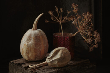 Art autumn dried Pumpkin and flowers thanksgiving still life in a rustic style on a dark wooden...