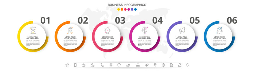 Infographic vector template for business. 3D paper label with 6 circles and steps. Flat modern timeline for content, diagram, presentation, workflow, chart.