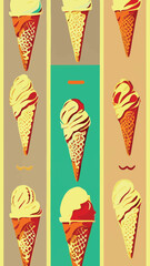 A set of delicious ice cream. Sweet summer treat sundaes, prefabricated insulated ice cream cones and popsicles with different fillings. Vector illustration for web, design, printing.
