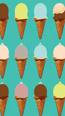 A set of delicious ice cream. Sweet summer treat sundaes, prefabricated insulated ice cream cones and popsicles with different fillings. Vector illustration for web, design, printing.