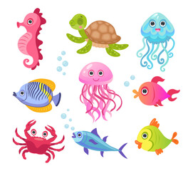 Ocean or sea creature characters vector illustrations set. Cute funny underwater animals, fishes, crab, turtle, jellyfishes, seahorse for kids isolated on white background. Animals, wildlife concept