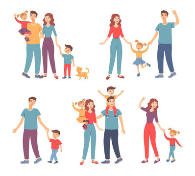 Happy family walking together outdoors set. Vector illustrations of parents and children holding hands. Cartoon mother, father characters enjoying walks with son and daughter. Fun family time concept
