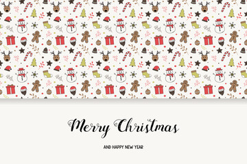 Fototapeta na wymiar Christmas greeting card with hand drawn decorations. Xmas concept. Vector