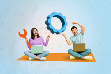 Composite collage picture of two people use wireless netbook indicate finger big configuration gear isolated on painted background
