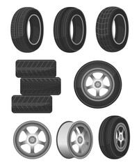 Car wheel, disk and tire set. Cartoon vector illustrations of rubber tires with different tread patterns, wheel rim for automobile isolated on white. Auto parts, items for garage service concept © PCH.Vector