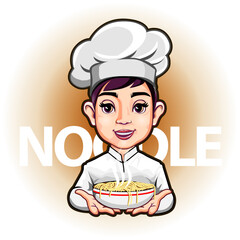 Vector illustration, chef with a bowl of noodles, as a mascot or culinary business symbol.