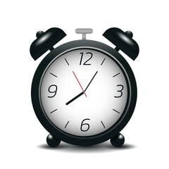 Realistic black alarm clock. Vector Illustration. Classic black table clock isolated on a white background.