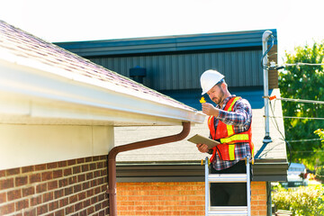 man with hard hat standing on steps inspecting house roof © Louis-Paul Photo