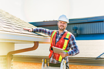 man with hard hat standing on steps inspecting house roof