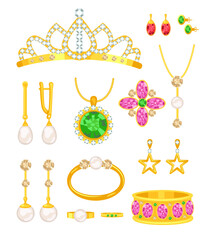 Cartoon gold jewelry set. Vector illustrations of golden accessories with precious stones or pearls, jewel ring and earrings, crown or tiara for princess, bracelet isolated on white. Jewellery concept © PCH.Vector