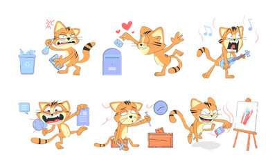 set of cat cartoon character designs with flat colors in different poses. cat cartoon character, cat mascot, Vector illustration