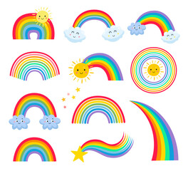 Different shapes of rainbow vector illustrations set. Cute cloud and sun cartoon characters, stars, childish stickers, patches or badges isolated on white background. Weather, nature, summer concept