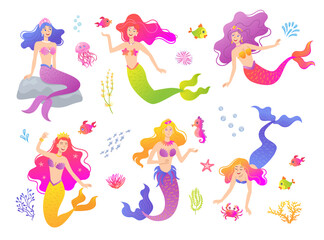 Fototapeta premium Mermaid cartoon characters flat vector illustrations set. Beautiful mythical creatures with underwater animals, fishes, seahorse isolated on white background. Fairytale, mythology, fantasy concept