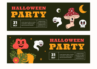 A set of two horizontal Halloween party banner templates. Psychedelic and groovy trendy style design .