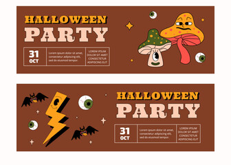 A set of two horizontal Halloween party banner templates. Psychedelic outlined style design.