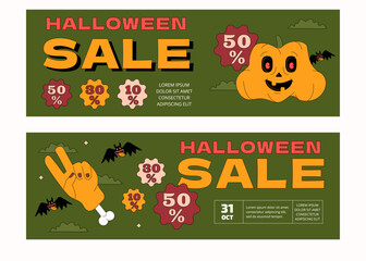 A set of two horizontal Halloween sale banner templates. The design is in the style of groovy and old cartoon.