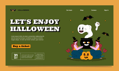 Halloween party landing page template with witch magic, ghosts, pumpkin and bats. Groovy outlined style.