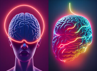 Obraz premium 3d rendered illustration of human brain, futuristic cyberpunk neon lights collection
