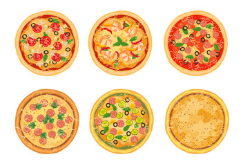Top view of different pizzas vector illustrations set. Pepperoni, pizzas with different ingredients, chicken, vegetables, mushrooms, salami for menu isolated on white background. Fast food concept