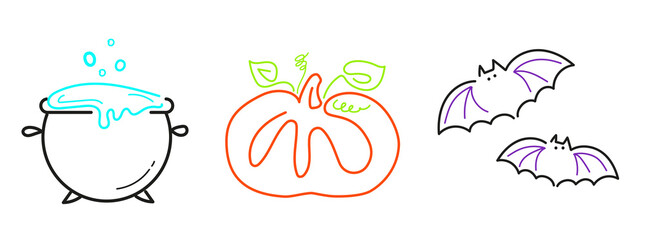Graphic elements halloween set collection line art illustration. Witch cauldron, magic pumpkin and little bats. Minimal style party october mood. Halloween party line drawing transparent png