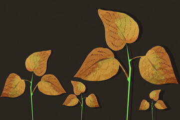 Żółto pomarańczowe liście na gałązce różnej wielkości  ciemne tło - obrazy, fototapety, plakaty