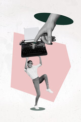 Creative photo 3d collage poster postcard artwork of person under pressure big typewriter arm give command isolated on drawing background