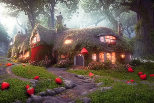 Fantasy cozy fairytale house overgrown with green vegetation with glowing lights hidden in a beautiful forest. Beautiful fairy scene. Photorealistic 3D render