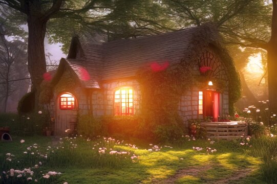 Fantasy cozy fairytale house overgrown with green vegetation with glowing lights hidden in a beautiful forest. Beautiful fairy scene. Photorealistic 3D render