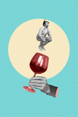 Creative abstract template graphics image of flying air guy jumping inside wineglass isolated drawing background