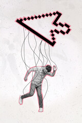 Creative 3d photo artwork graphics painting of puzzled mini miniature guy hanging ropes isolated...