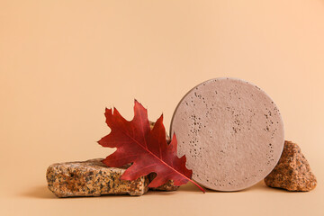 Podium Cosmetic. natural Stone, autumn leaves against beige background. Fall Seasonal Background