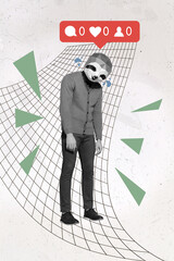 Creative poster collage of sad depressed stressed man sloth mask unpopular blogger zero likes...