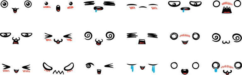 Various Cartoon Emoticons Set. Doodle faces, eyes and mouth. Caricature comic expressive emotions, smiling, crying and surprised character face expressions