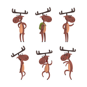 Funny moose cartoon characters posing on hind legs set vector illustration