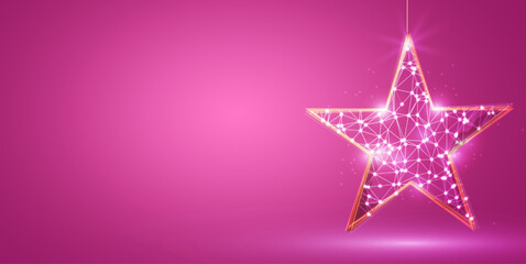 Golden Christmas star with low poly design against pink background