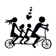 Funny cartoon black silhouette of a family riding a bike, in children drawing style